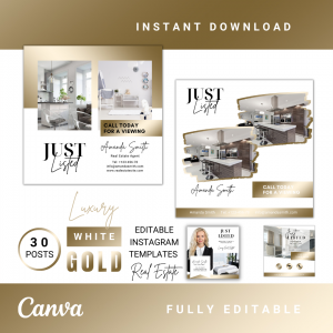 30 White & Gold Real Estate Templates - Luxury IG Posts