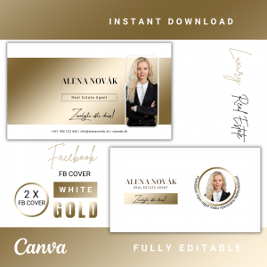 White & Gold Real Estate Templates -  Facebook Cover, Realitný Maklér, 2 Šablóny