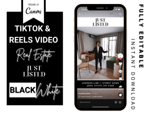 TikTok Video Šablóna Canva, Black & White TikTok Video, IG Reels, YT Shorts pre Realitných Maklérov, Realitný Marketing, Realitné Video / EN