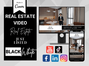 Video šablóny, Realitné Youtube video, TikTok Video Šablóna Canva, Black & White TikTok Video, IG Reels, YT Shorts pre Realitných Maklérov  / EN