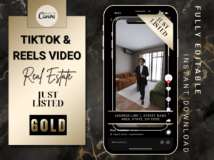 Video Šablóna Canva Gold 02, TikTok, IG Reels, YT Shorts pre Realitných Maklérov, Realitný Marketing, Realitné Video / EN