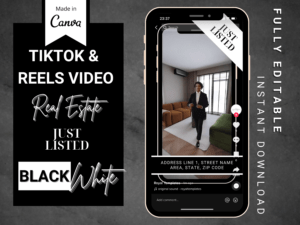 TikTok Video Šablóna, Black & White TikTok Video, IG Reels, YT Shorts pre Realitných Maklérov, Realitný Marketing, Realitné Video  / EN