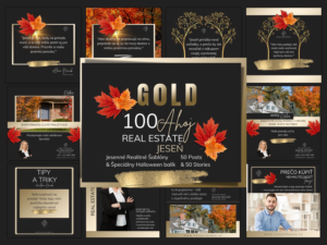 GOLD BALÍK, September, Október, November, Jesenné realitné šablóny pre realitných profesionálov & Špeciálny Halloween balík / Canva